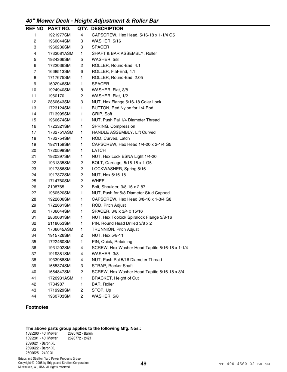 40" mower deck - height adjustment & roller bar | Snapper 4560 User Manual | Page 49 / 58