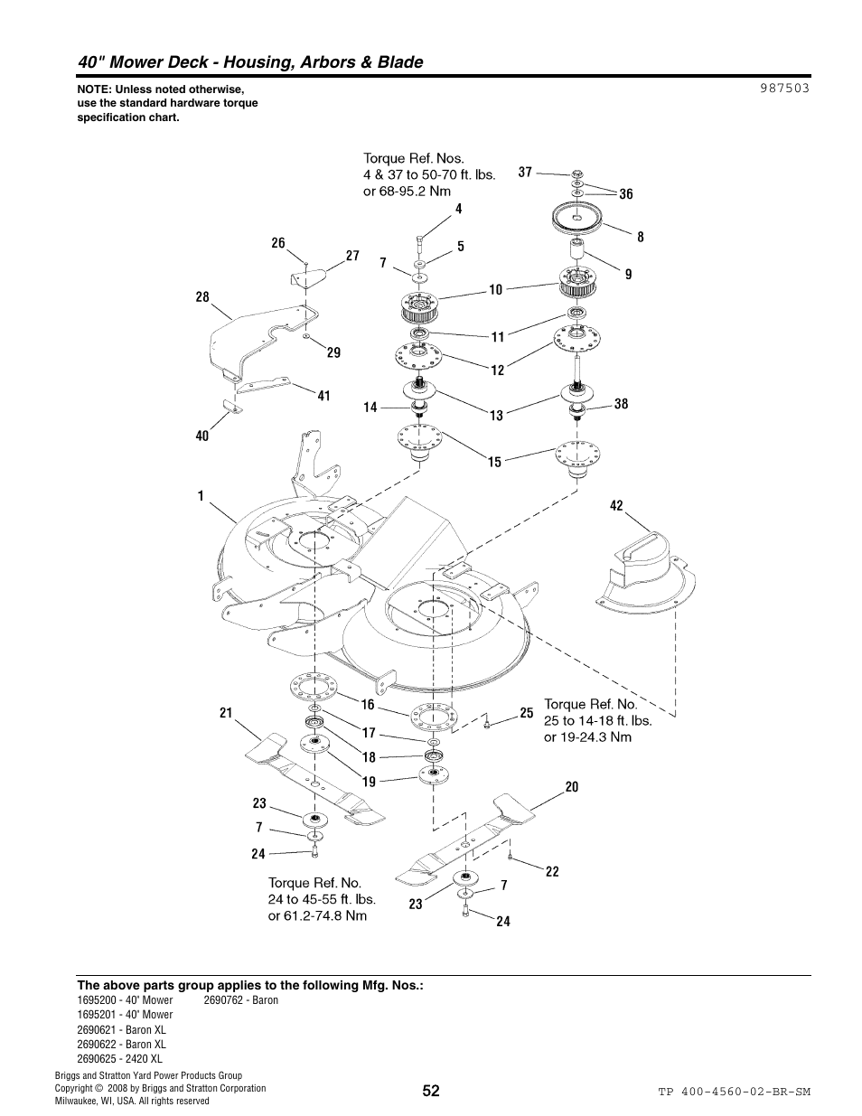 40" mower deck - housing, arbors & blade | Snapper 4560 User Manual | Page 52 / 58