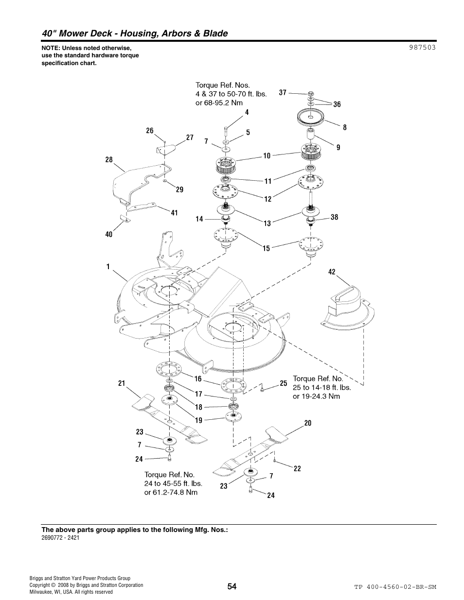 40" mower deck - housing, arbors & blade | Snapper 4560 User Manual | Page 54 / 58