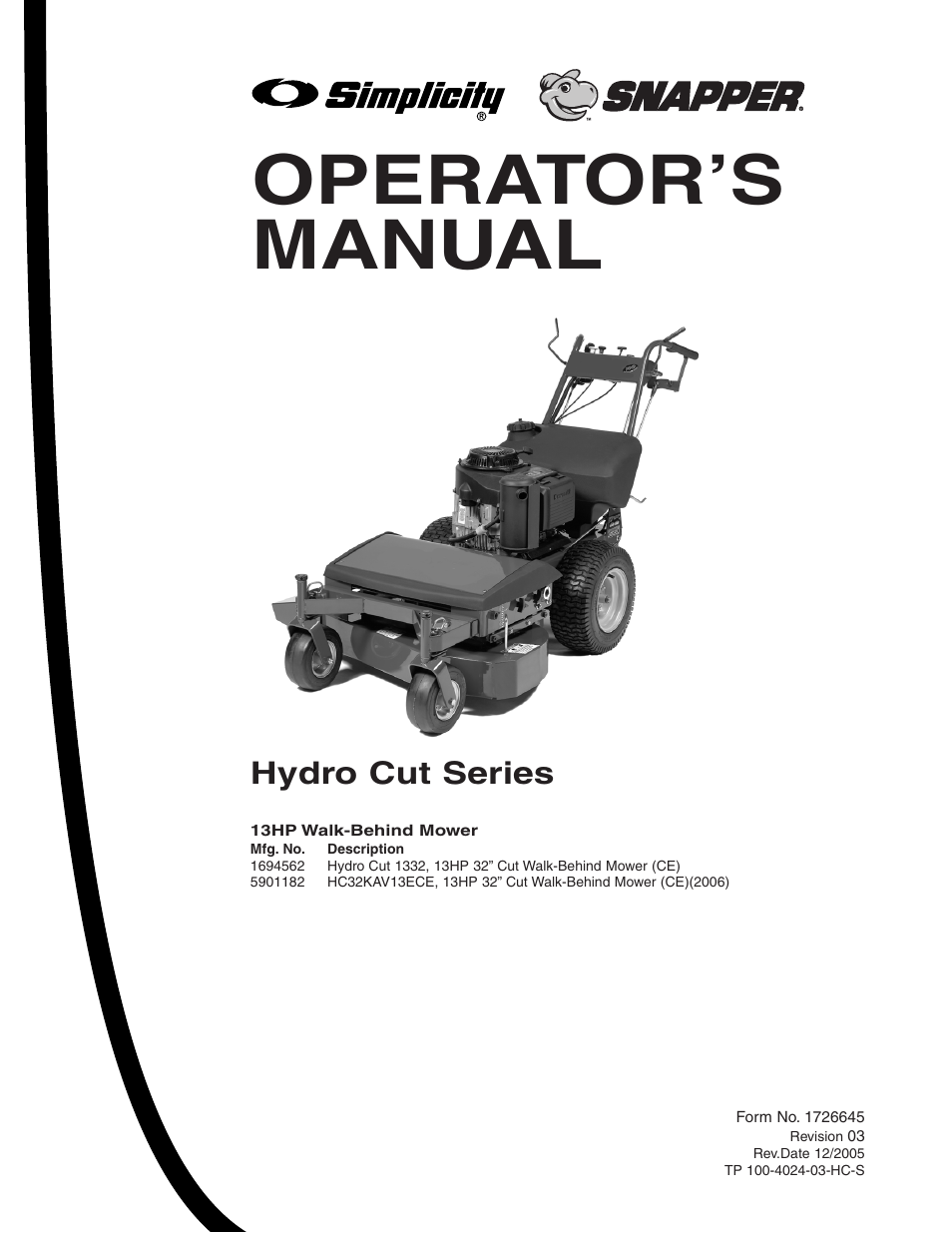 Snapper 13HP User Manual | 26 pages