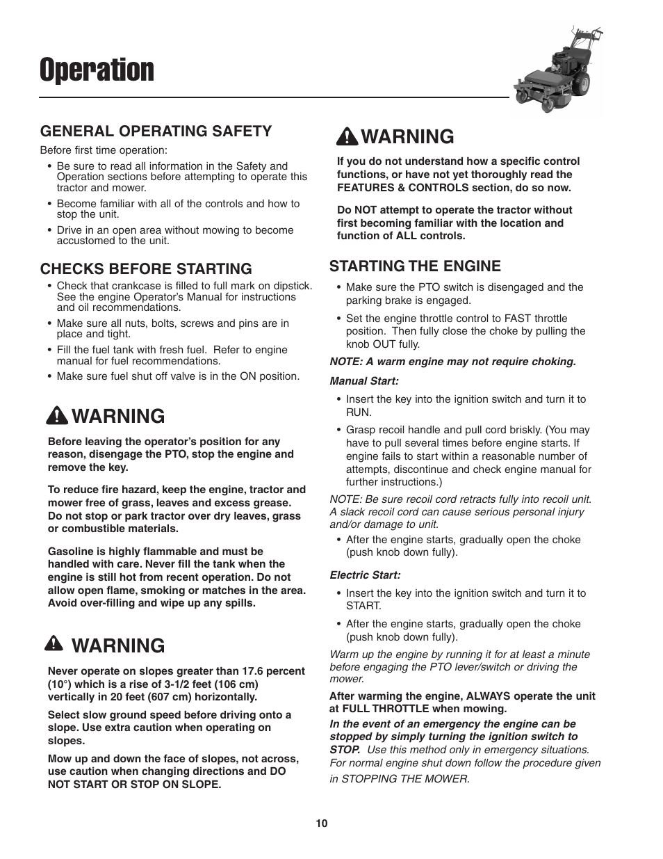 Operation, Warning, General operating safety | Checks before starting, Starting the engine | Snapper 13HP User Manual | Page 11 / 26