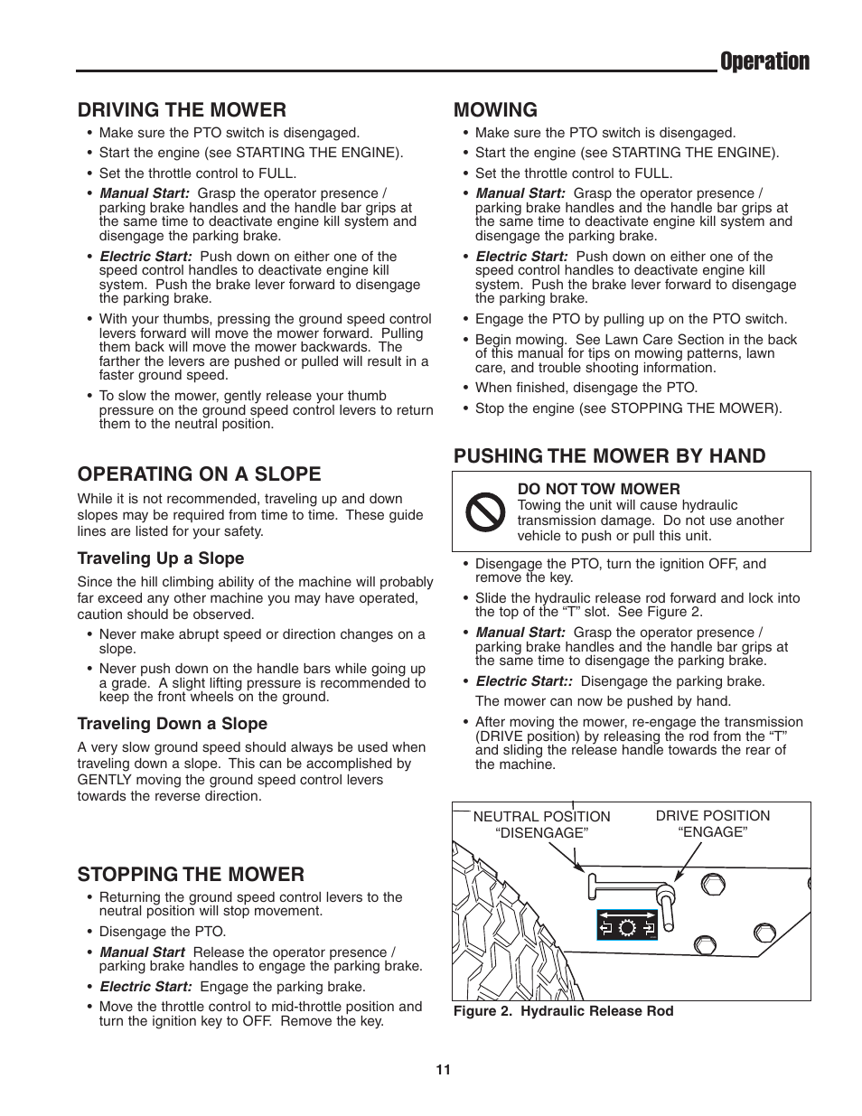 Operation, Operating on a slope, Mowing | Pushing the mower by hand, Stopping the mower, Driving the mower | Snapper 13HP User Manual | Page 12 / 26