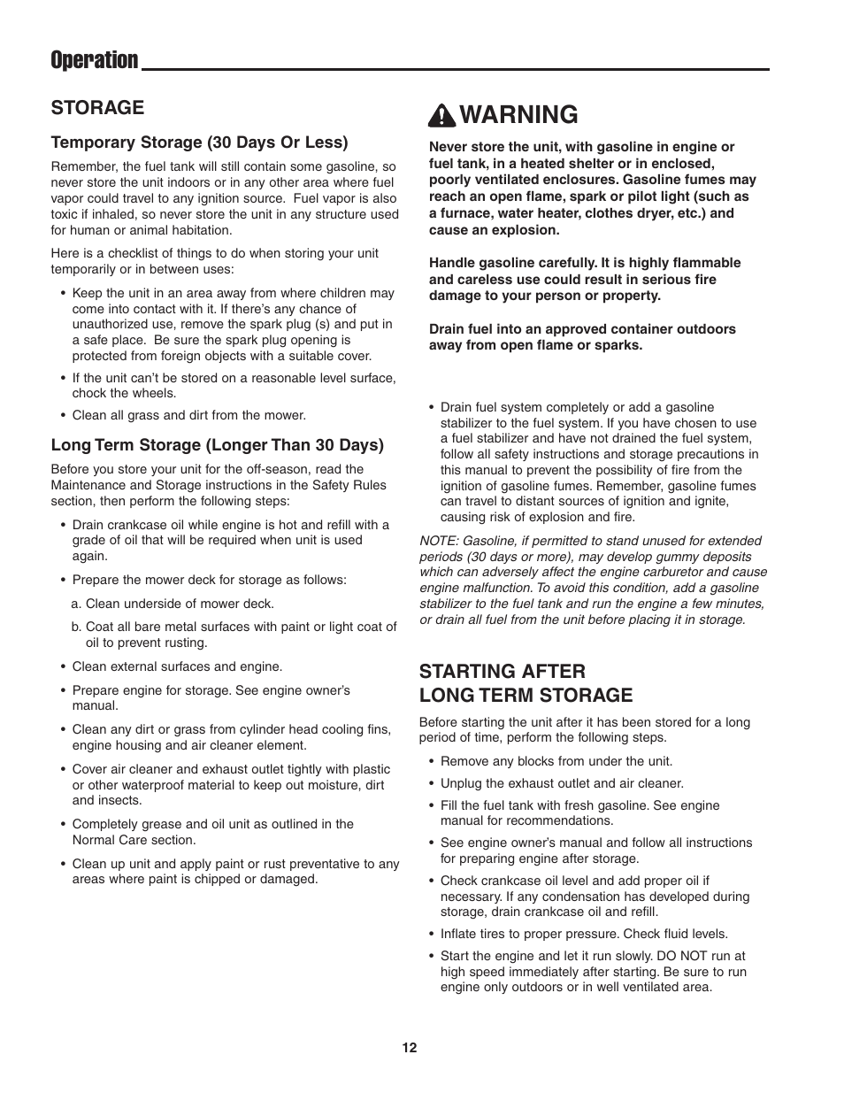 Operation, Warning, Storage | Starting after long term storage | Snapper 13HP User Manual | Page 13 / 26