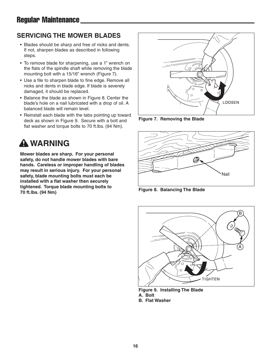 Regular maintenance, Warning, Servicing the mower blades | Snapper 13HP User Manual | Page 17 / 26