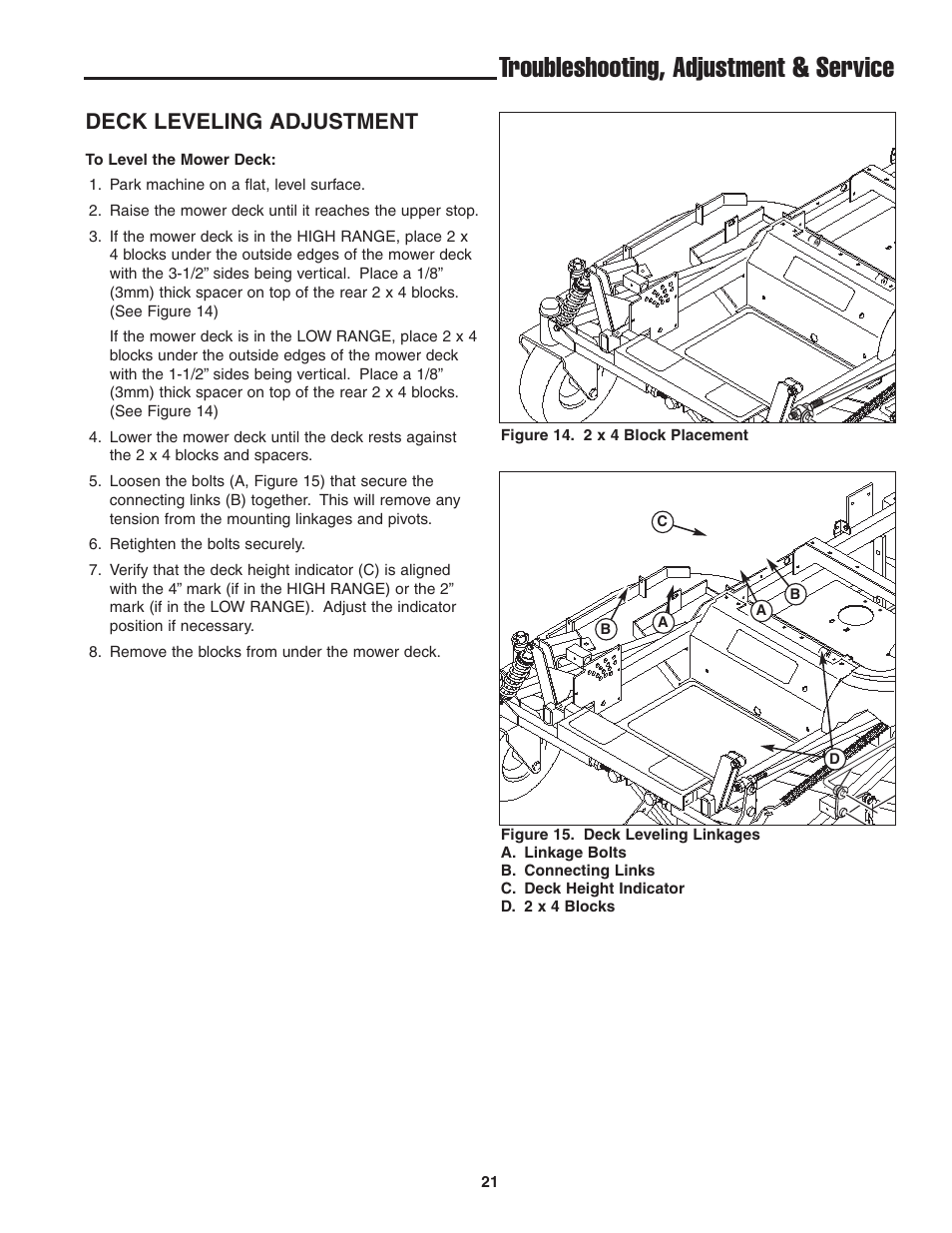 Troubleshooting, adjustment & service, Deck leveling adjustment | Snapper 13HP User Manual | Page 22 / 26