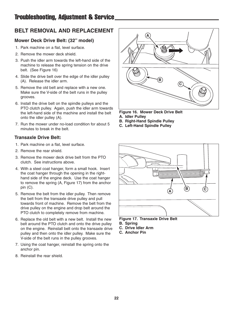 Troubleshooting, adjustment & service, Belt removal and replacement | Snapper 13HP User Manual | Page 23 / 26