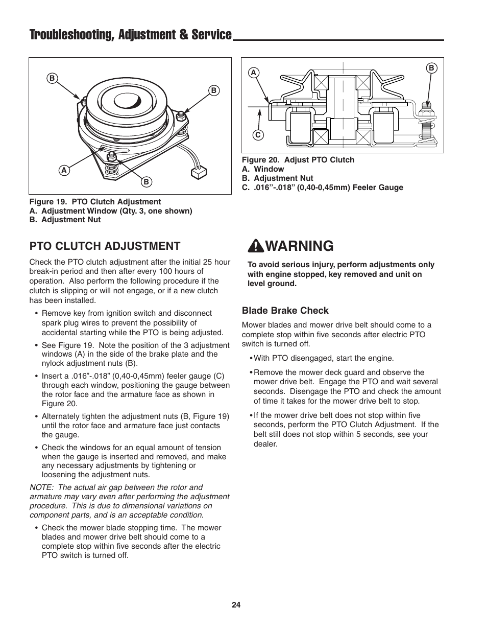 Warning, Troubleshooting, adjustment & service, Pto clutch adjustment | Snapper 13HP User Manual | Page 25 / 26