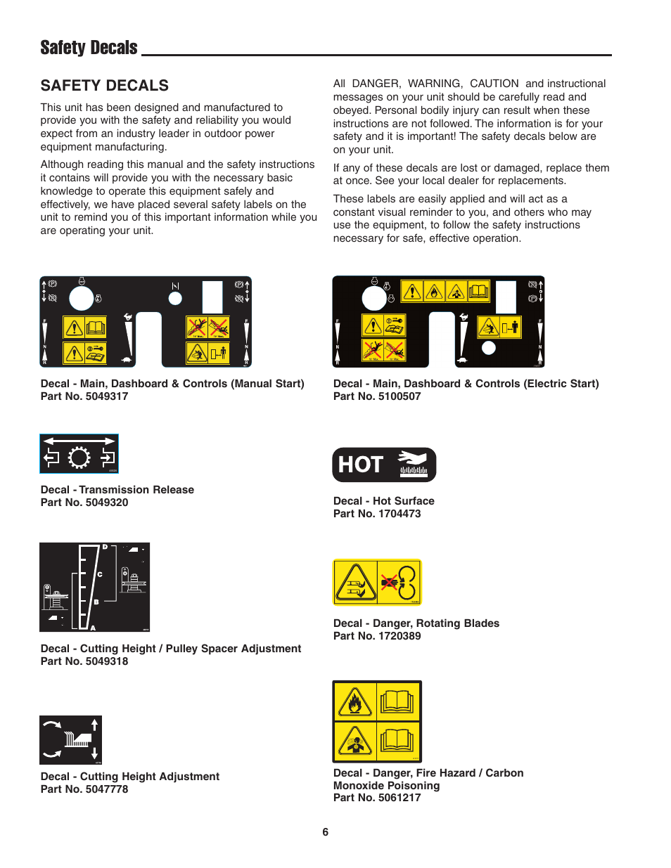 Safety decals | Snapper 13HP User Manual | Page 7 / 26