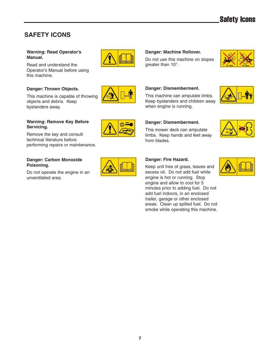 Safety icons | Snapper 13HP User Manual | Page 8 / 26