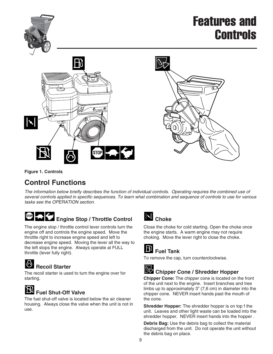 Features and controls, Control functions | Snapper E55140BV User Manual | Page 10 / 26