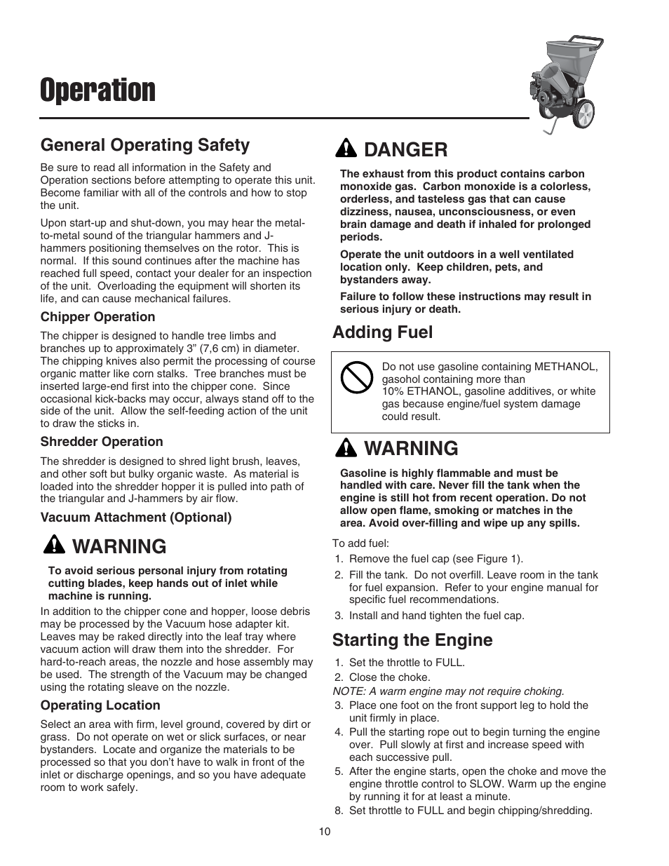 Operation, Warning, Danger | Adding fuel, Starting the engine, General operating safety | Snapper E55140BV User Manual | Page 11 / 26