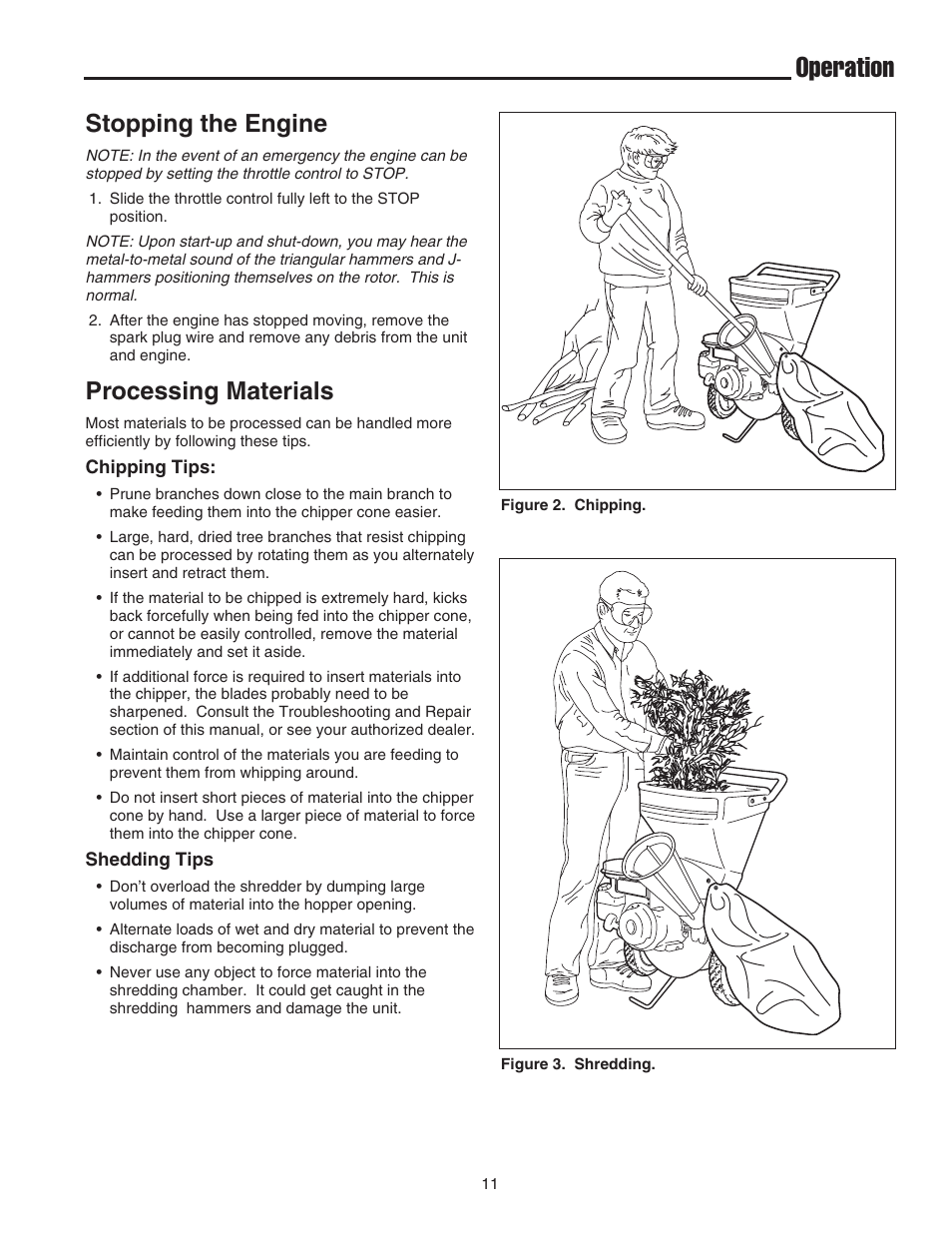 Operation, Stopping the engine, Processing materials | Snapper E55140BV User Manual | Page 12 / 26