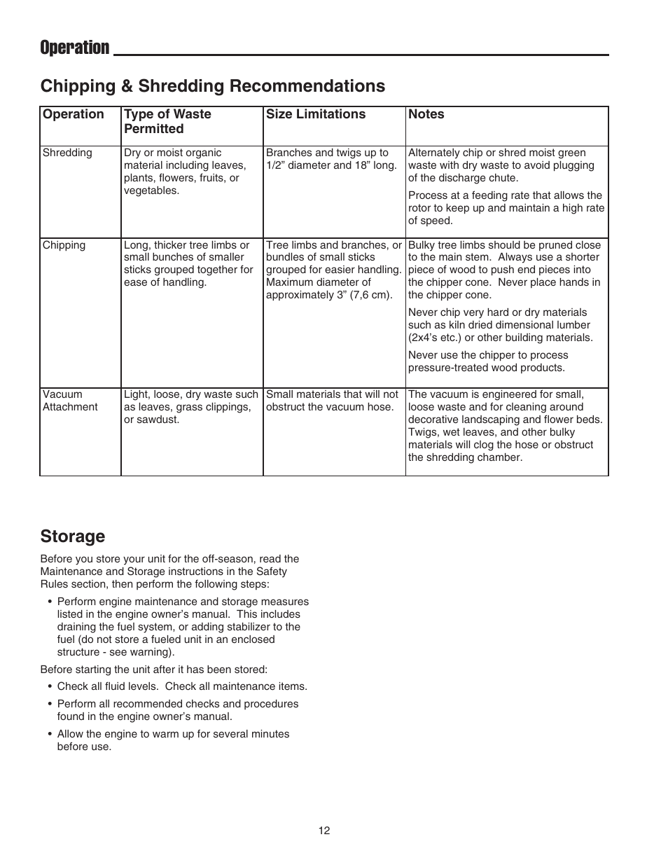Operation, Storage, Chipping & shredding recommendations | Snapper E55140BV User Manual | Page 13 / 26