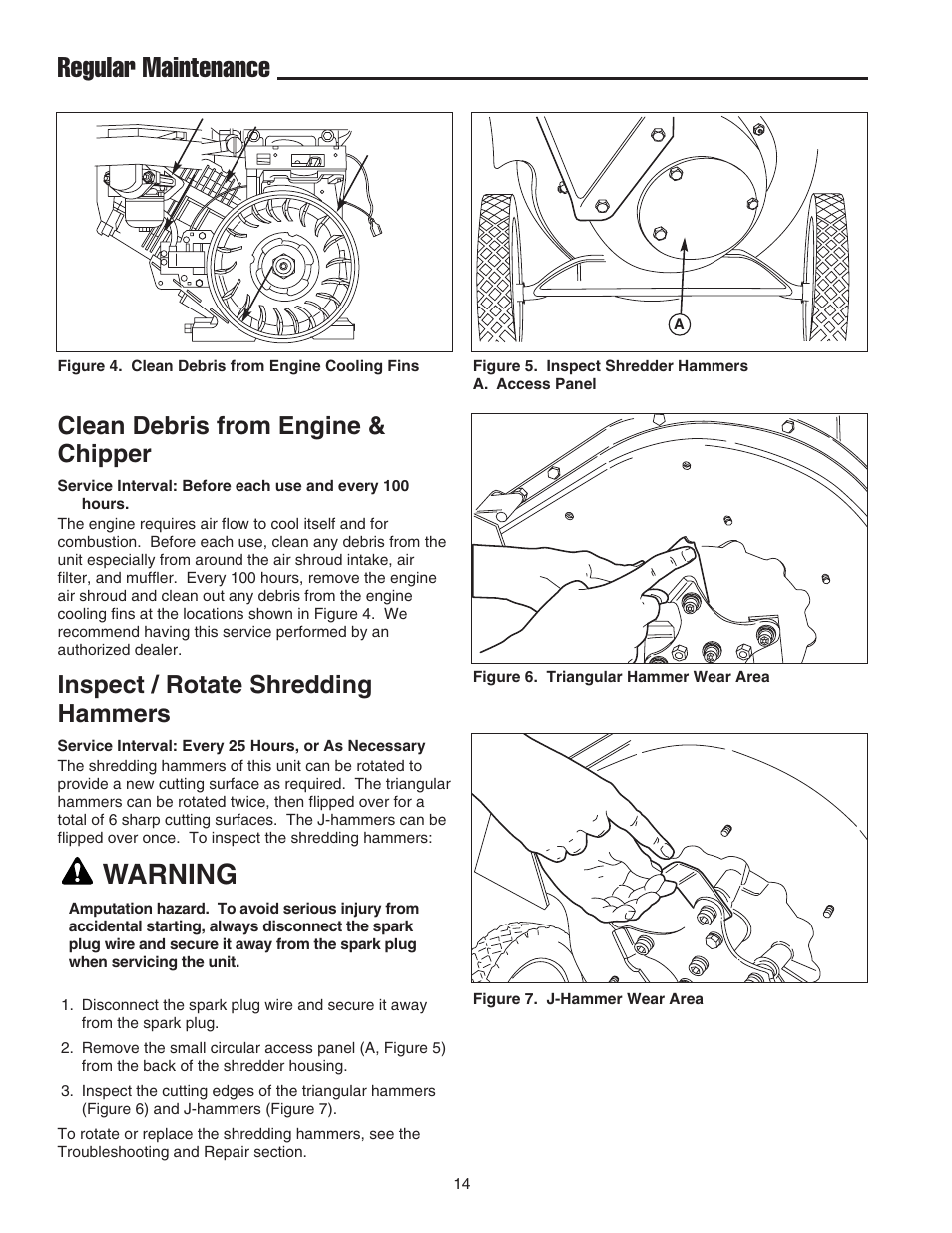 Regular maintenance, Warning, Clean debris from engine & chipper | Inspect / rotate shredding hammers | Snapper E55140BV User Manual | Page 15 / 26