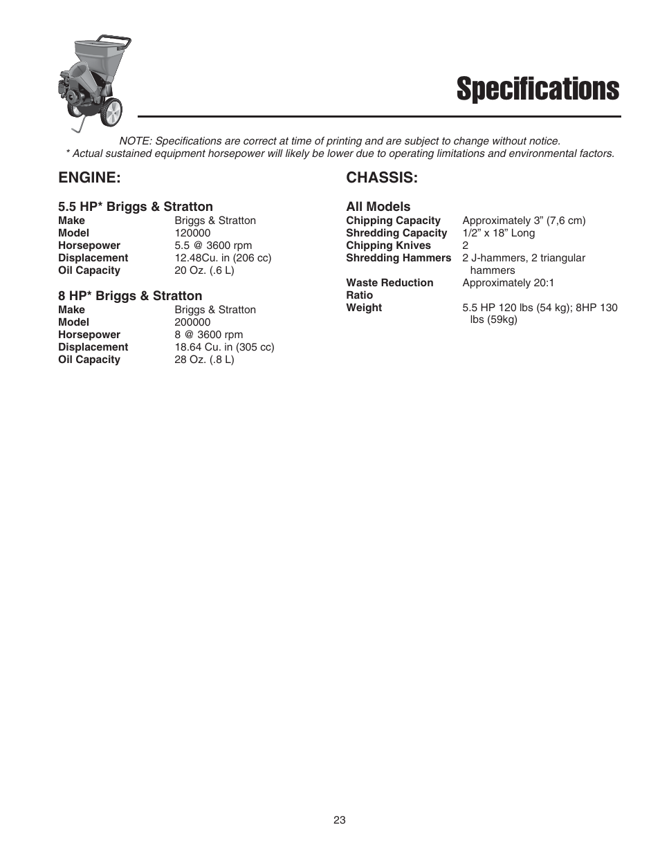 Specifications, Engine, Chassis | Snapper E55140BV User Manual | Page 24 / 26