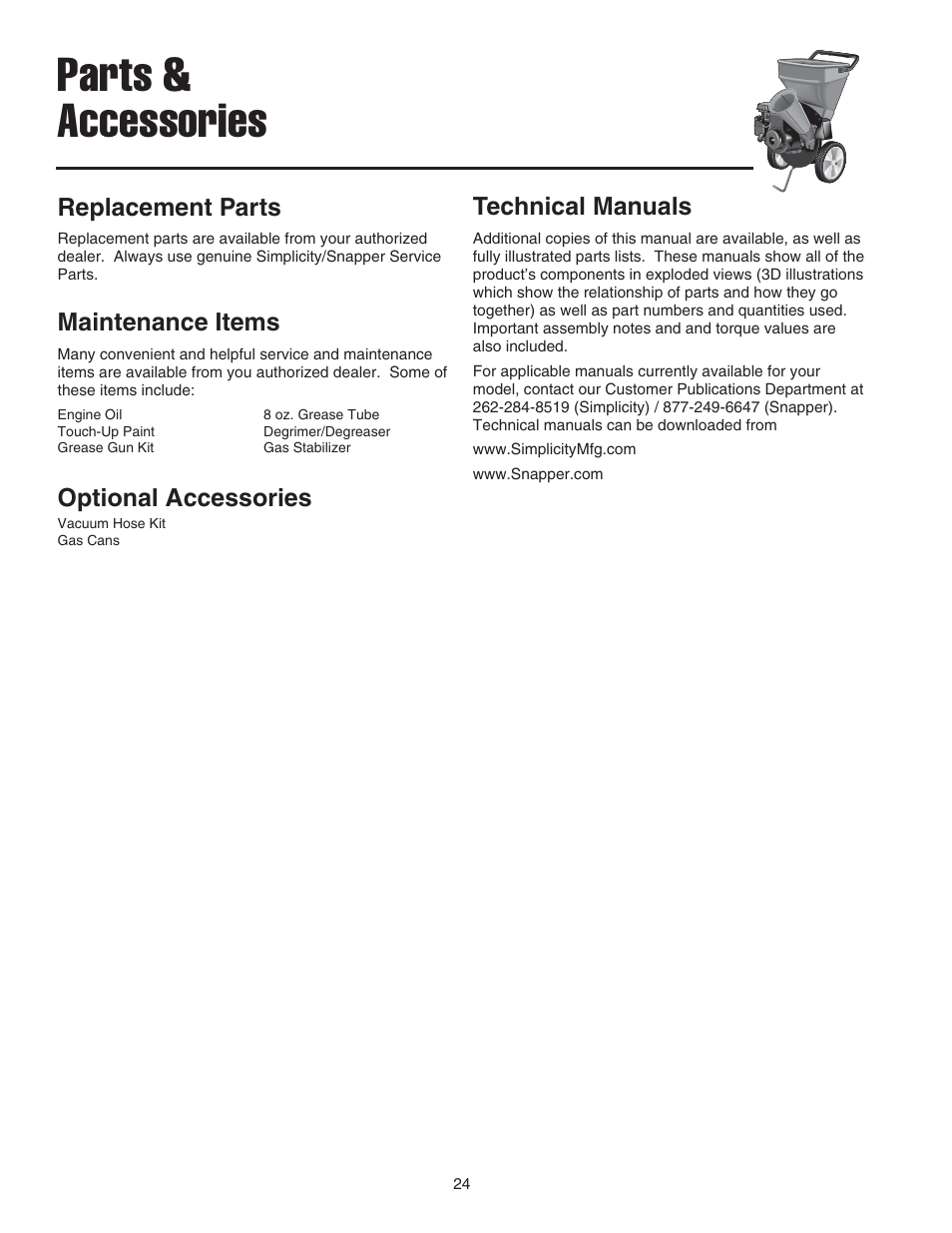 Parts & accessories, Replacement parts, Technical manuals | Optional accessories maintenance items | Snapper E55140BV User Manual | Page 25 / 26