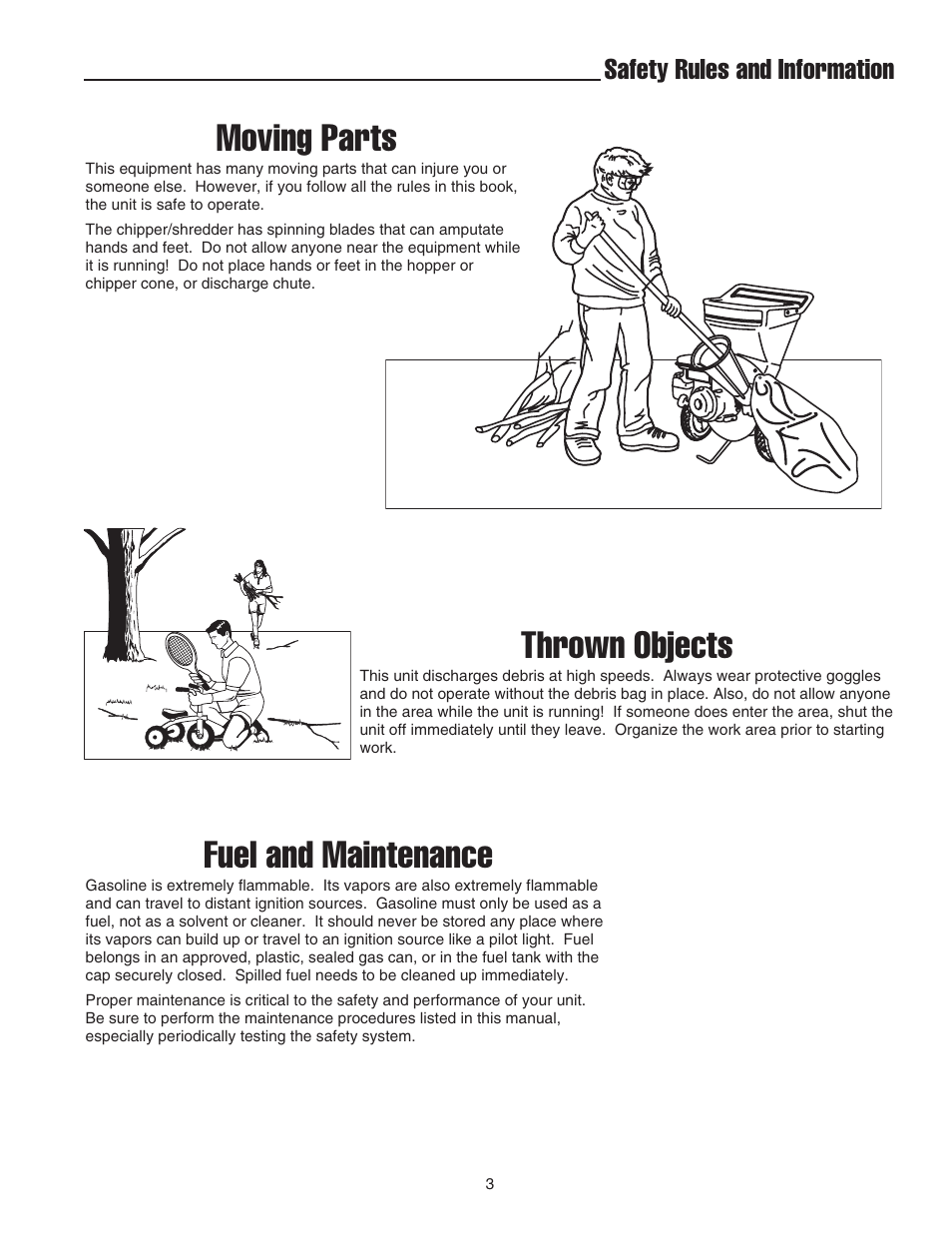 Moving parts, Thrown objects, Fuel and maintenance | Safety rules and information | Snapper E55140BV User Manual | Page 4 / 26