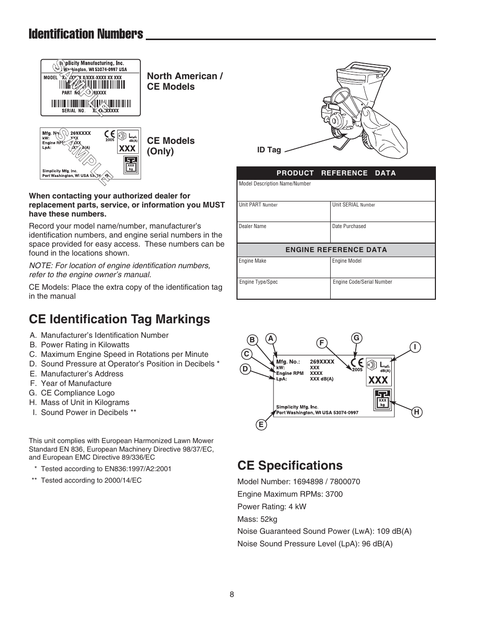 Identification numbers, Ce identification tag markings, Ce specifications | Snapper E55140BV User Manual | Page 9 / 26