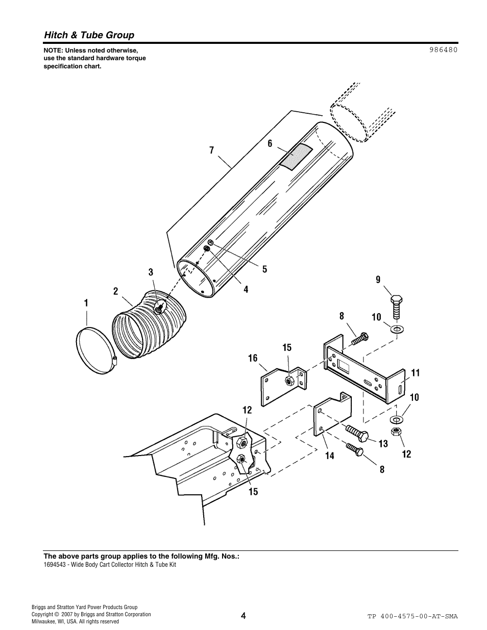 Hitch & tube group | Snapper 1694543 User Manual | Page 4 / 8