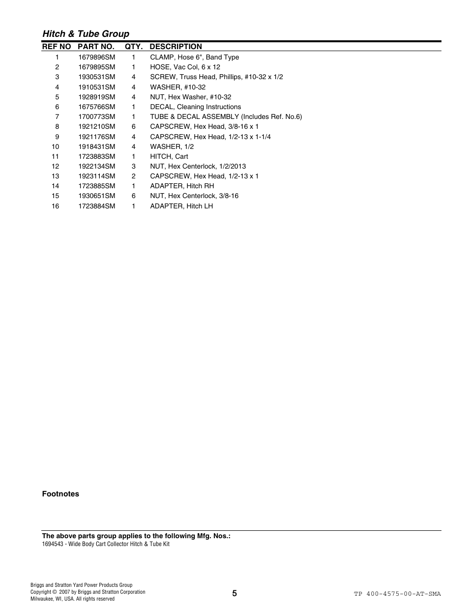 Hitch & tube group | Snapper 1694543 User Manual | Page 5 / 8