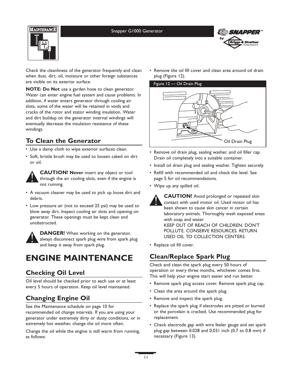 Engine maintenance, Checking oil level, Changing engine oil | Clean/replace spark plug | Snapper 1666-0 User Manual | Page 11 / 40