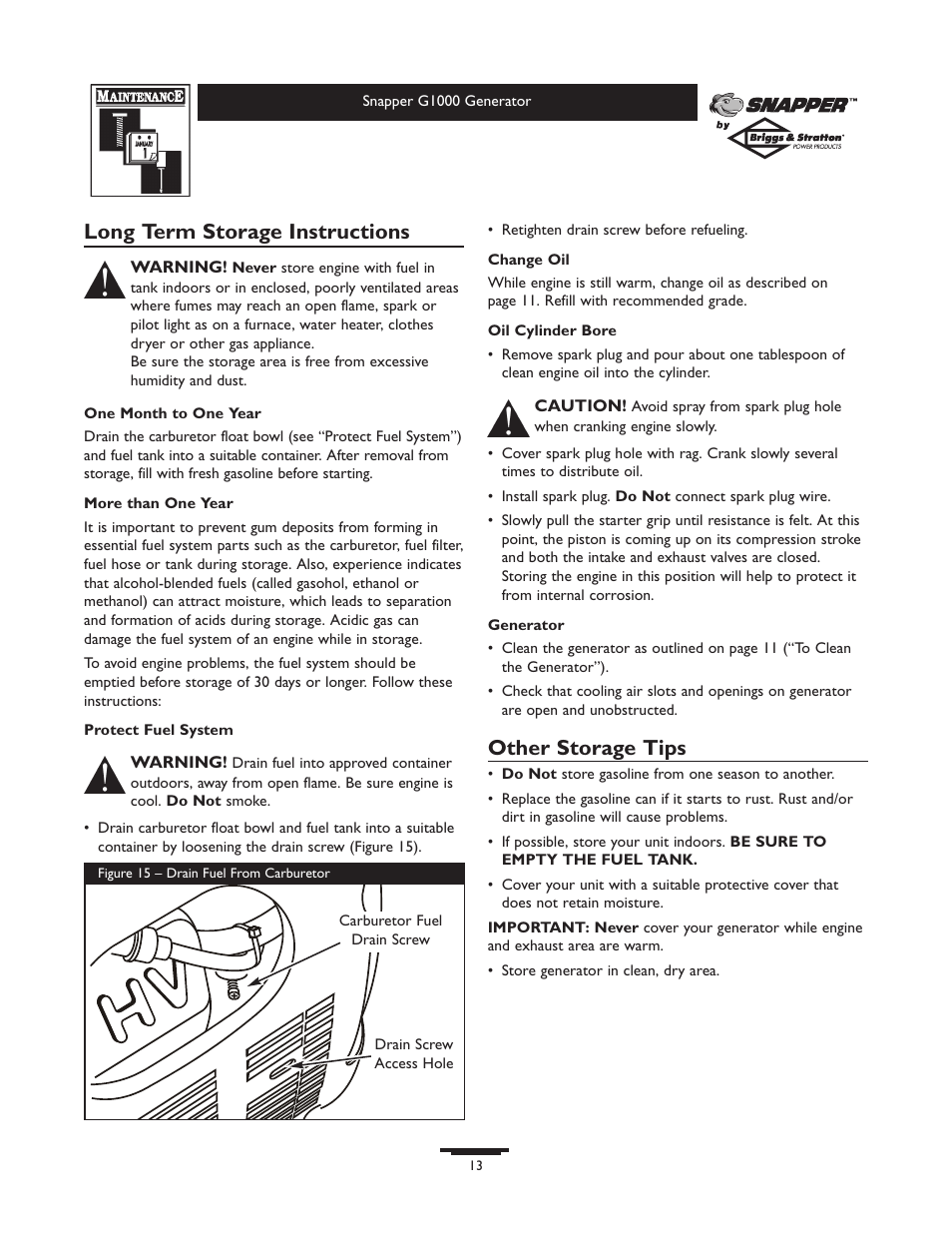 Long term storage instructions, Other storage tips | Snapper 1666-0 User Manual | Page 13 / 40