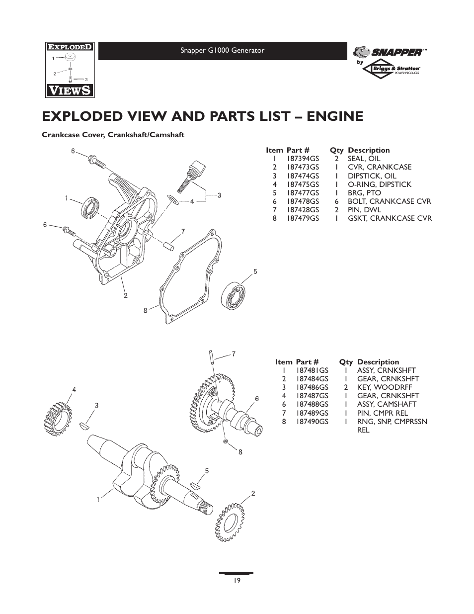 Exploded view and parts list – engine | Snapper 1666-0 User Manual | Page 19 / 40