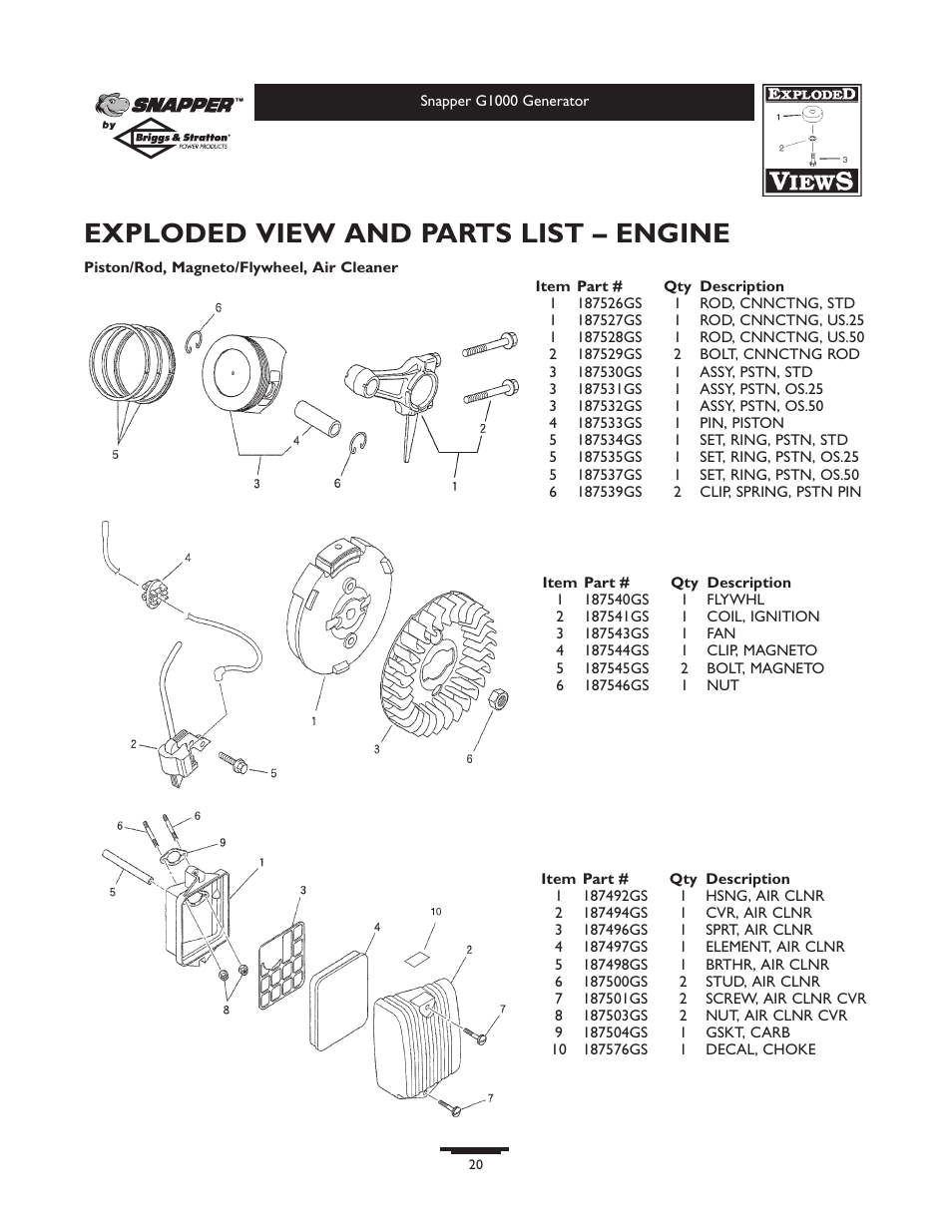 Exploded view and parts list – engine | Snapper 1666-0 User Manual | Page 20 / 40