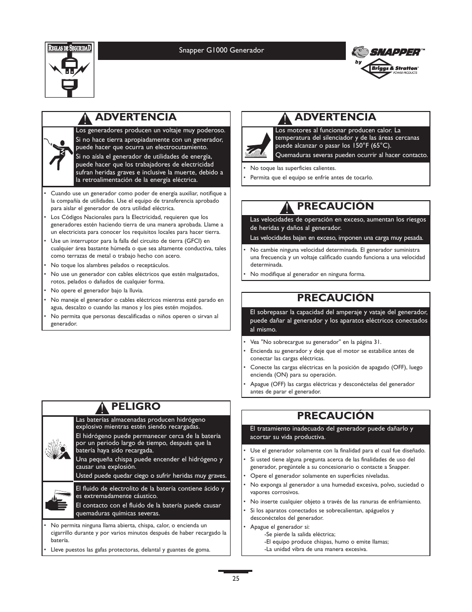 Advertencia, Peligro, Precaución | Snapper 1666-0 User Manual | Page 25 / 40