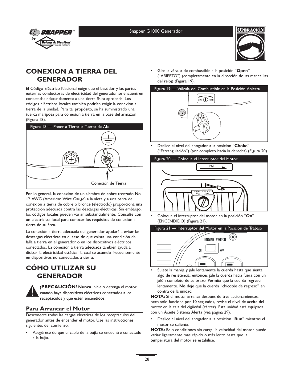 Conexion a tierra del generador, Cómo utilizar su generador | Snapper 1666-0 User Manual | Page 28 / 40