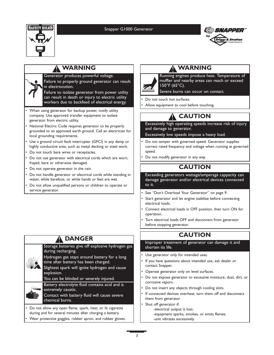 Warning, Danger, Caution | Snapper 1666-0 User Manual | Page 3 / 40