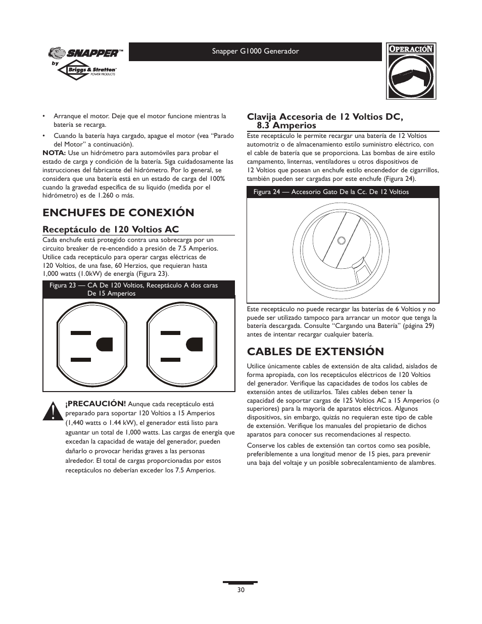 Enchufes de conexión, Cables de extensión | Snapper 1666-0 User Manual | Page 30 / 40