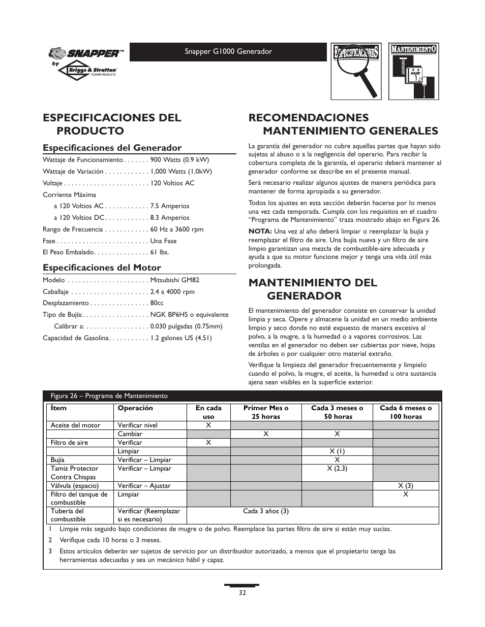 Especificaciones del producto, Recomendaciones mantenimiento generales, Mantenimiento del generador | Especificaciones del generador, Especificaciones del motor | Snapper 1666-0 User Manual | Page 32 / 40