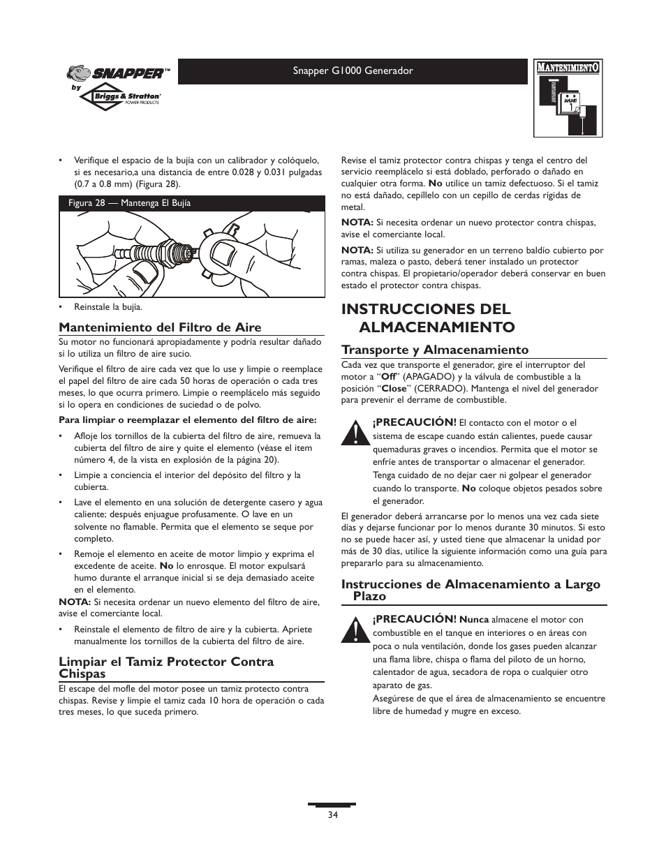 Instrucciones del almacenamiento | Snapper 1666-0 User Manual | Page 34 / 40