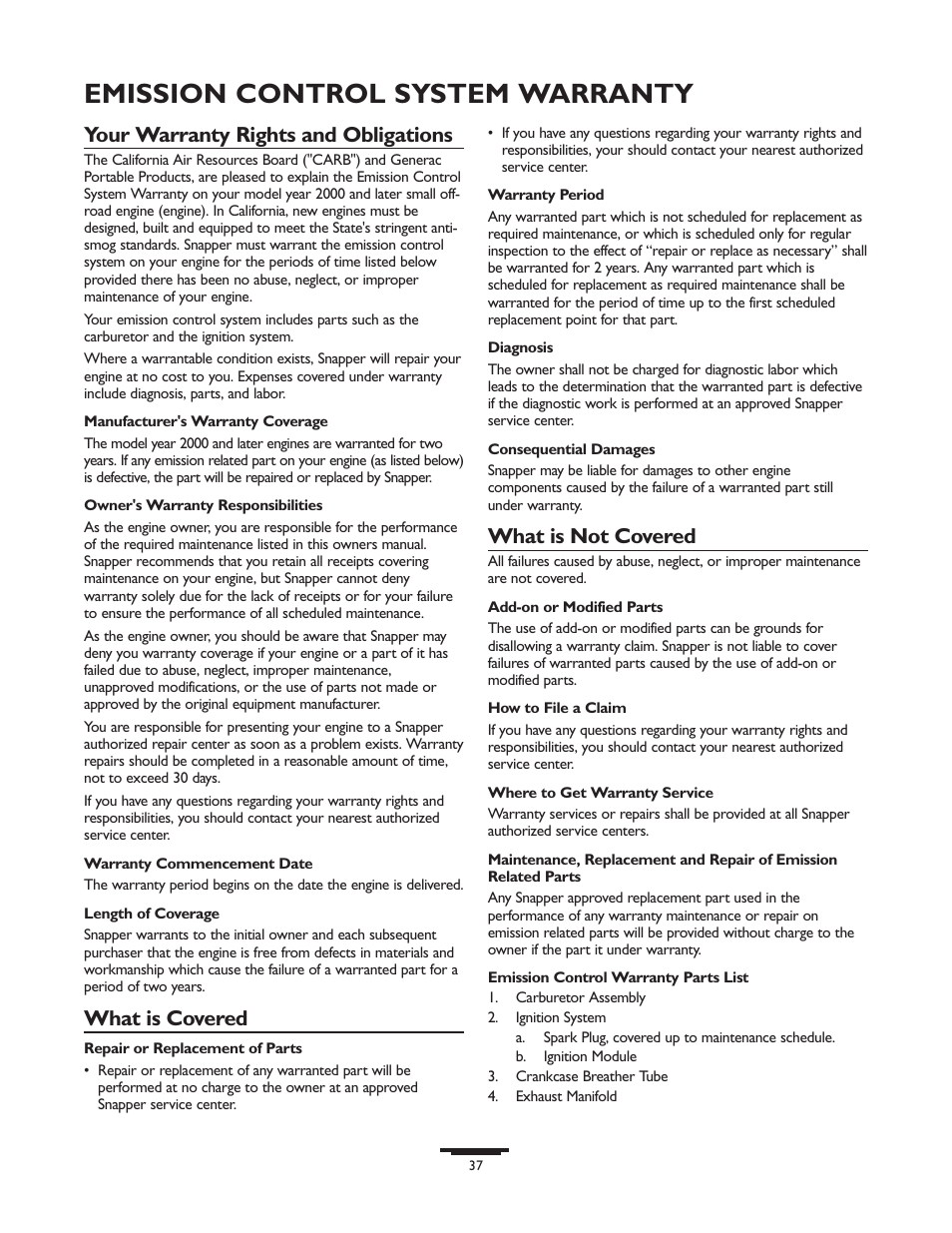 Emission control system warranty, Your warranty rights and obligations, What is covered | What is not covered | Snapper 1666-0 User Manual | Page 37 / 40
