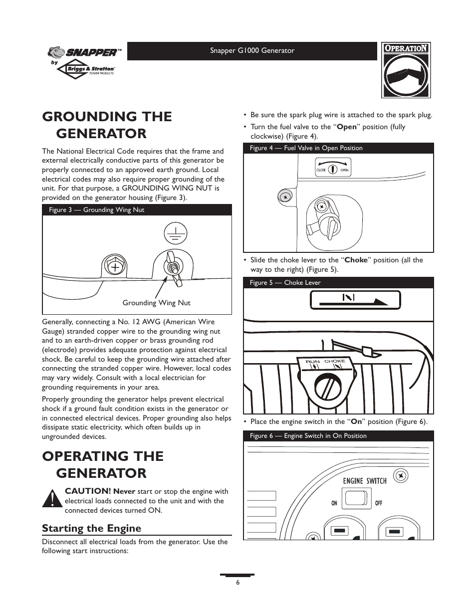 Grounding the generator, Operating the generator, Starting the engine | Snapper 1666-0 User Manual | Page 6 / 40