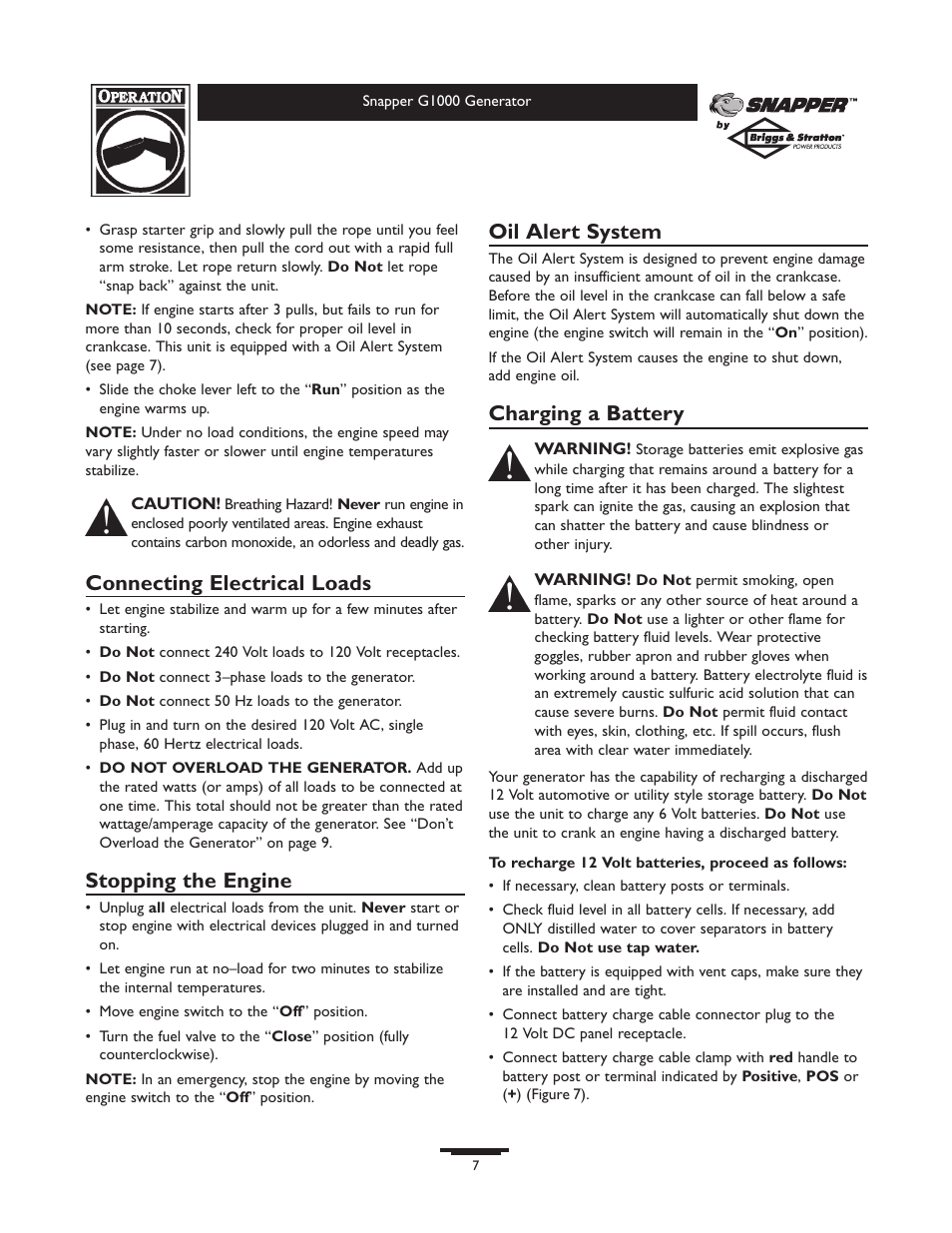 Connecting electrical loads, Stopping the engine, Oil alert system | Charging a battery | Snapper 1666-0 User Manual | Page 7 / 40