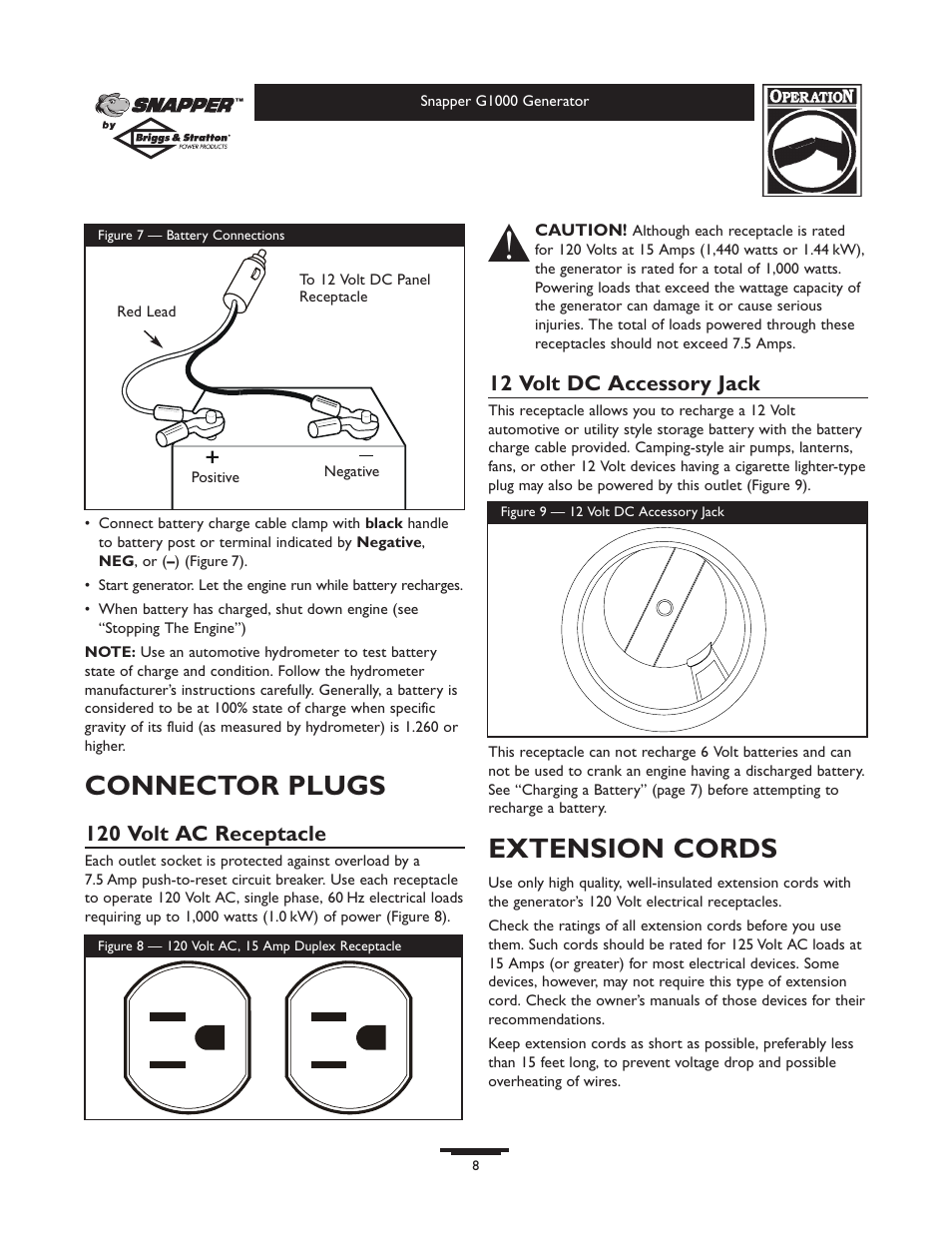 Connector plugs, Extension cords, 120 volt ac receptacle | 12 volt dc accessory jack | Snapper 1666-0 User Manual | Page 8 / 40