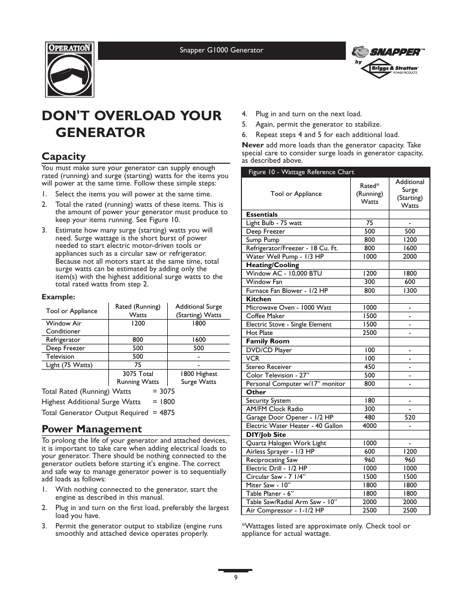 Don't overload your generator, Capacity, Power management | Snapper 1666-0 User Manual | Page 9 / 40