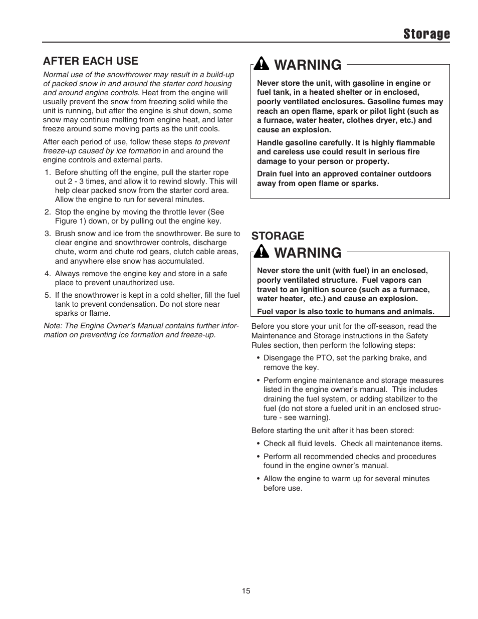 Storage, Warning, After each use | Snapper 1694602 9247E User Manual | Page 16 / 32