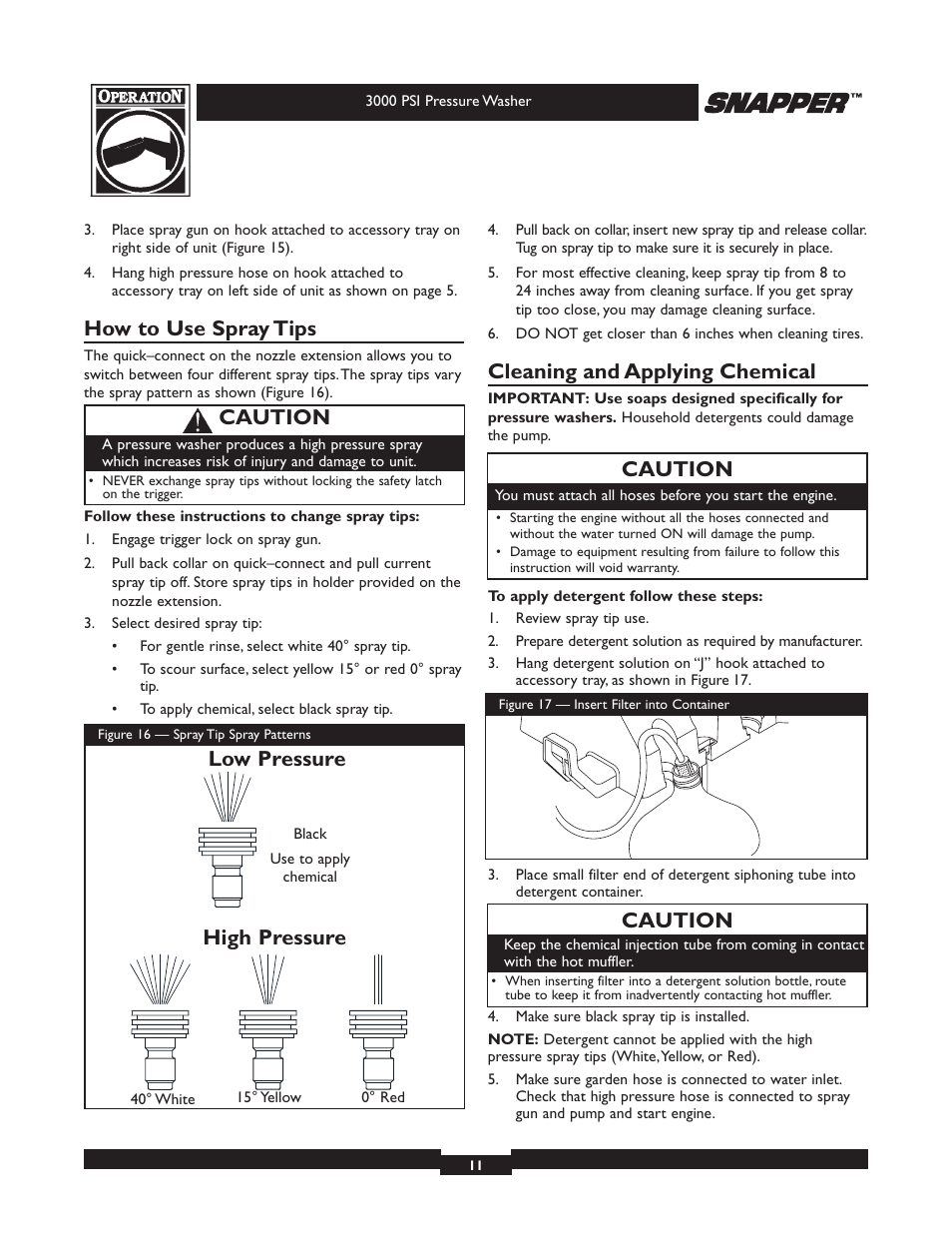 How to use spray tips, Cleaning and applying chemical, Caution | Low pressure high pressure caution | Snapper 020231 User Manual | Page 11 / 36