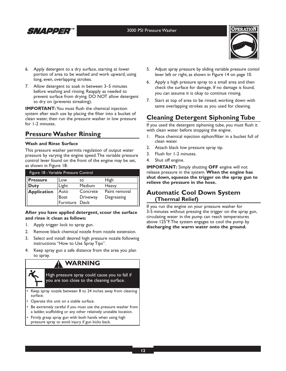 Pressure washer rinsing, Cleaning detergent siphoning tube, Automatic cool down system | Warning | Snapper 020231 User Manual | Page 12 / 36