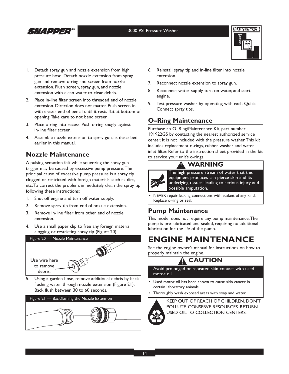 Engine maintenance, Nozzle maintenance, O–ring maintenance | Pump maintenance, Warning, Caution | Snapper 020231 User Manual | Page 14 / 36
