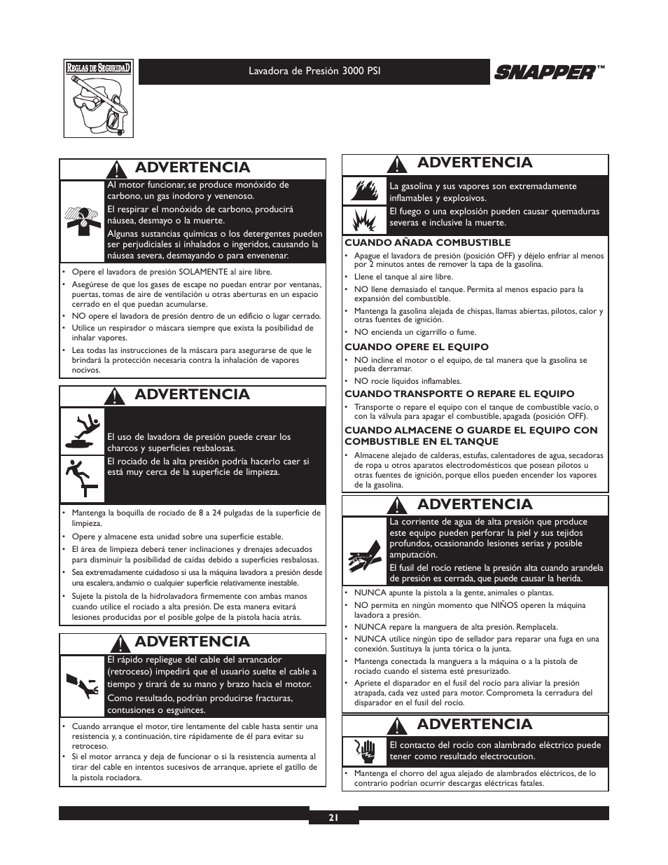 Advertencia | Snapper 020231 User Manual | Page 21 / 36