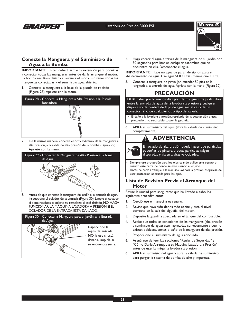 Precaución, Advertencia, Lista de revision previa al arranque del motor | Snapper 020231 User Manual | Page 26 / 36