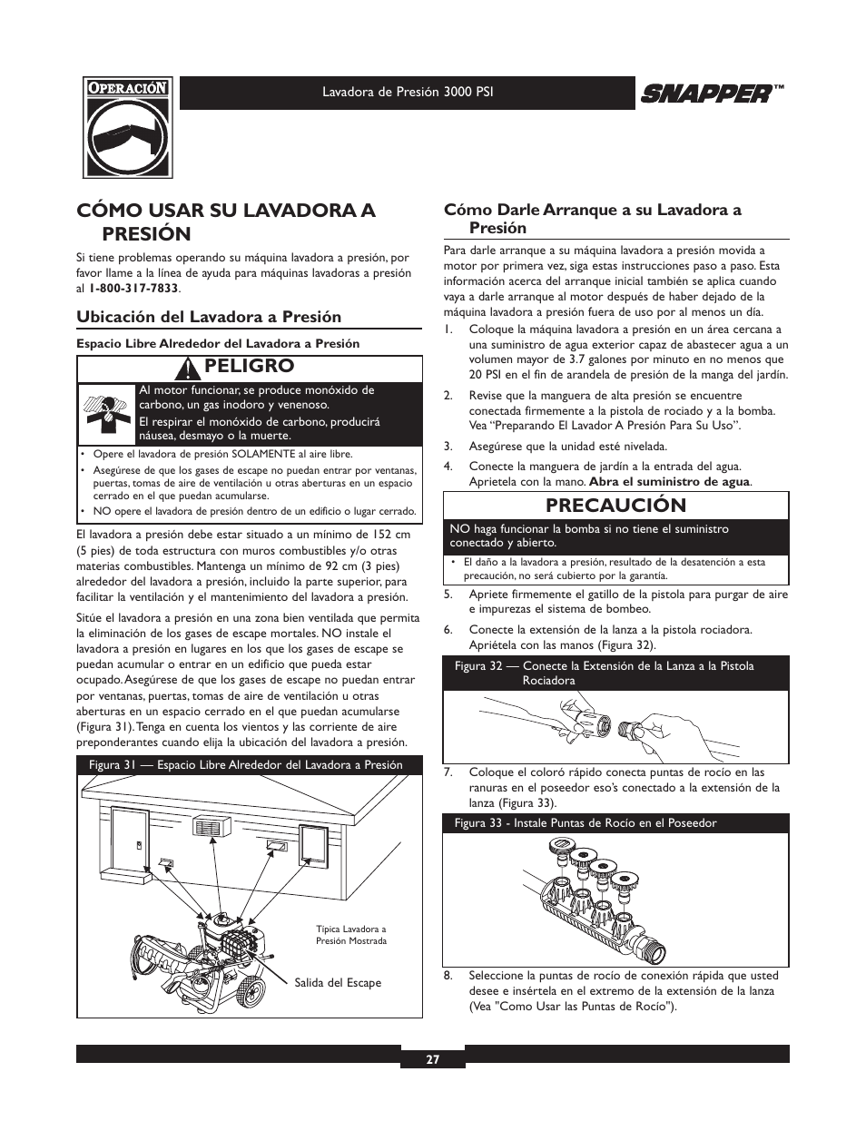 Cómo usar su lavadora a presión, Precaución, Peligro | Snapper 020231 User Manual | Page 27 / 36