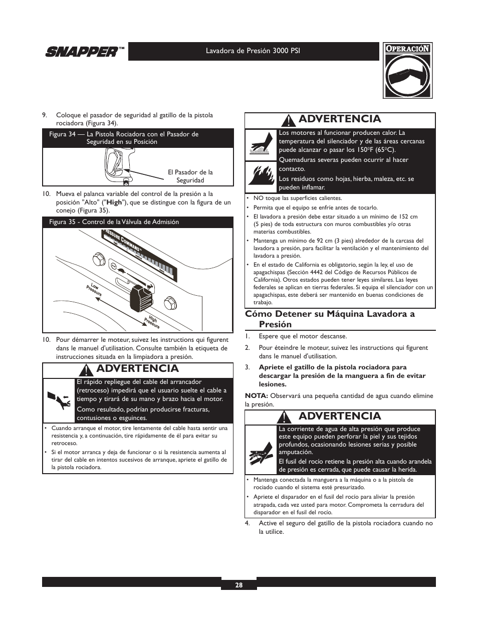 Advertencia, Cómo detener su máquina lavadora a presión | Snapper 020231 User Manual | Page 28 / 36