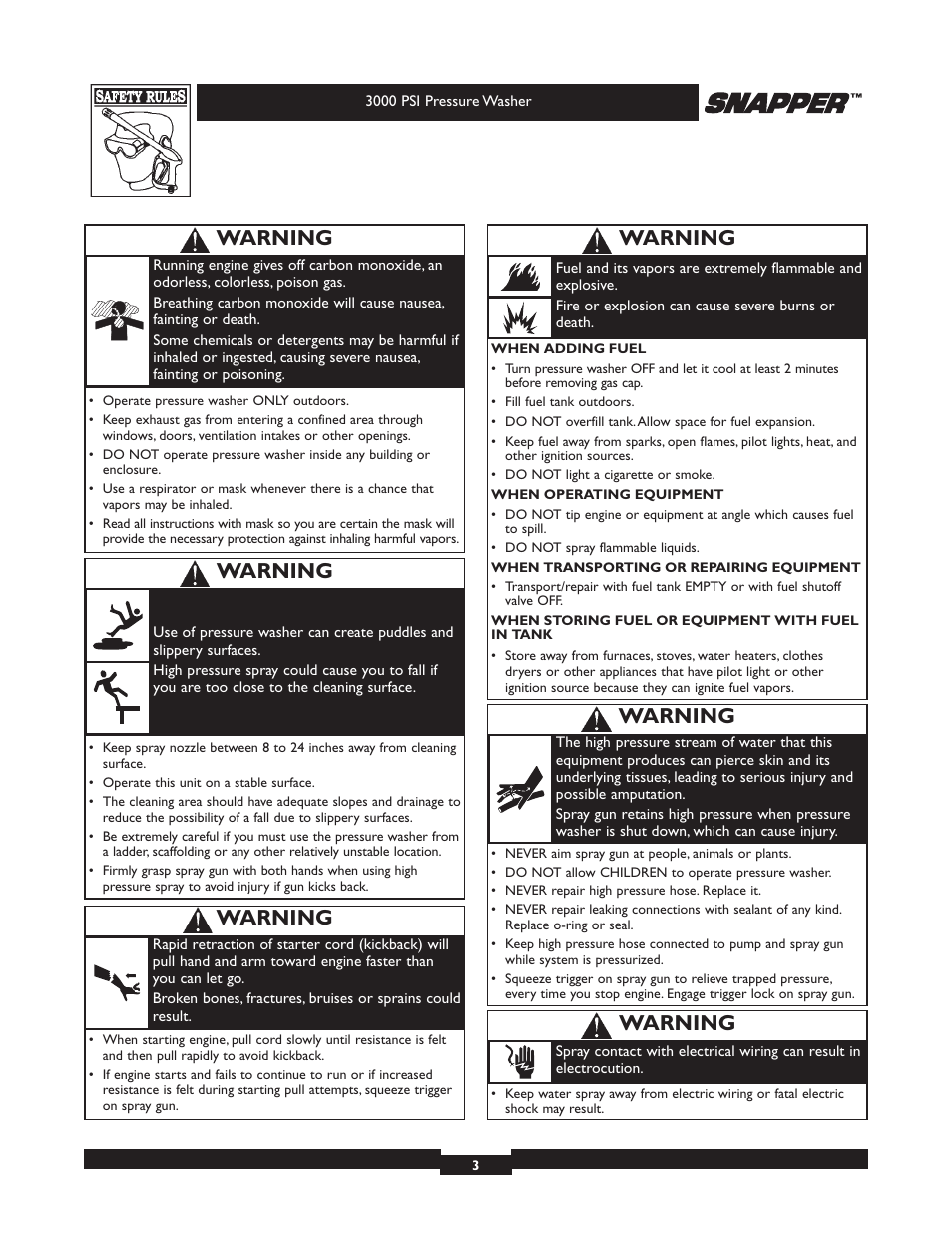 Warning | Snapper 020231 User Manual | Page 3 / 36