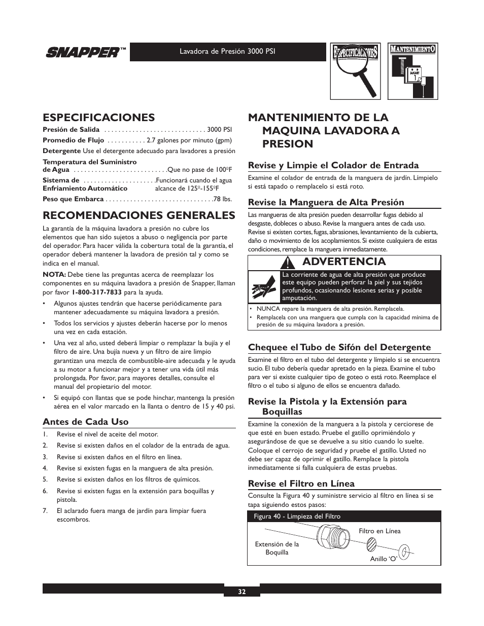 Especificaciones, Recomendaciones generales, Mantenimiento de la maquina lavadora a presion | Advertencia | Snapper 020231 User Manual | Page 32 / 36