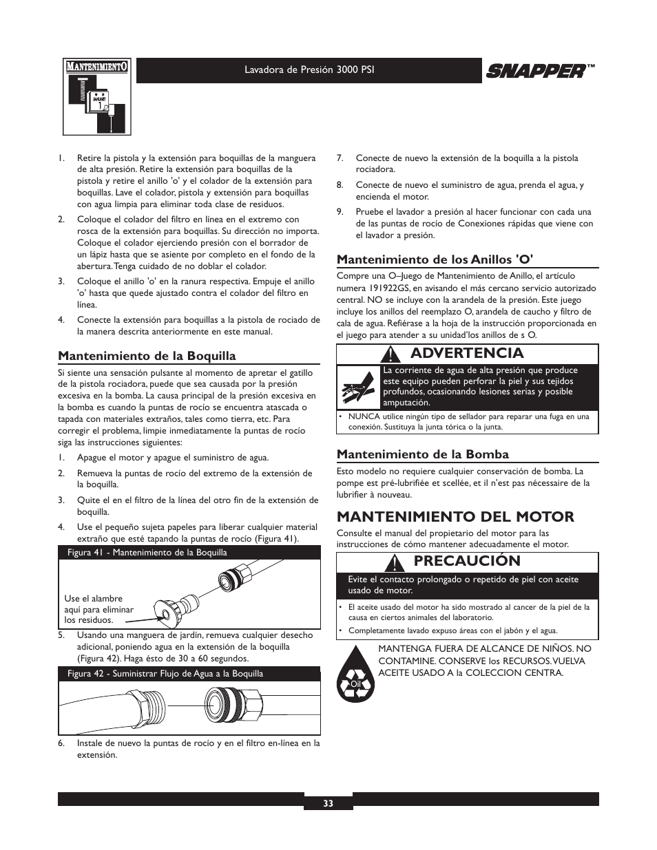 Mantenimiento del motor, Advertencia, Precaución | Mantenimiento de la boquilla, Mantenimiento de los anillos 'o, Mantenimiento de la bomba | Snapper 020231 User Manual | Page 33 / 36